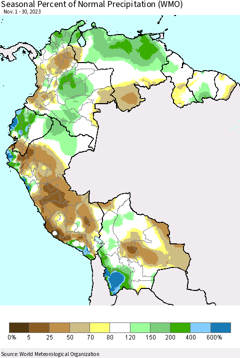 Northern South America Seasonal Percent of Normal Precipitation (WMO) Thematic Map For 11/1/2023 - 11/30/2023