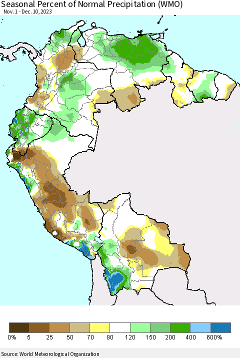 Northern South America Seasonal Percent of Normal Precipitation (WMO) Thematic Map For 11/1/2023 - 12/10/2023
