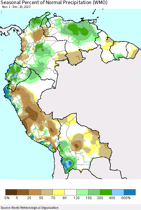 Northern South America Seasonal Percent of Normal Precipitation (WMO) Thematic Map For 11/1/2023 - 12/20/2023