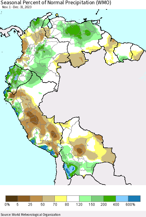 Northern South America Seasonal Percent of Normal Precipitation (WMO) Thematic Map For 11/1/2023 - 12/31/2023