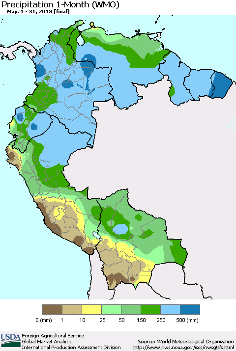 Northern South America Precipitation 1-Month (WMO) Thematic Map For 5/1/2018 - 5/31/2018