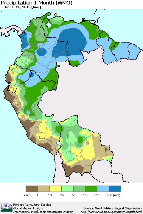 Northern South America Precipitation 1-Month (WMO) Thematic Map For 6/1/2018 - 6/30/2018