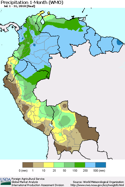 Northern South America Precipitation 1-Month (WMO) Thematic Map For 7/1/2018 - 7/31/2018