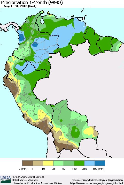 Northern South America Precipitation 1-Month (WMO) Thematic Map For 8/1/2018 - 8/31/2018