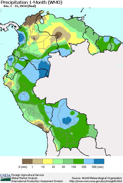 Northern South America Precipitation 1-Month (WMO) Thematic Map For 12/1/2018 - 12/31/2018
