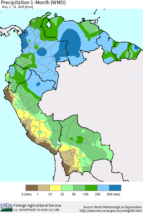 Northern South America Precipitation 1-Month (WMO) Thematic Map For 5/1/2019 - 5/31/2019