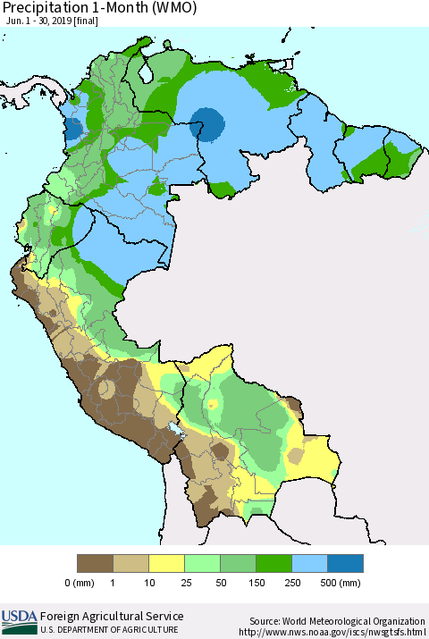 Northern South America Precipitation 1-Month (WMO) Thematic Map For 6/1/2019 - 6/30/2019