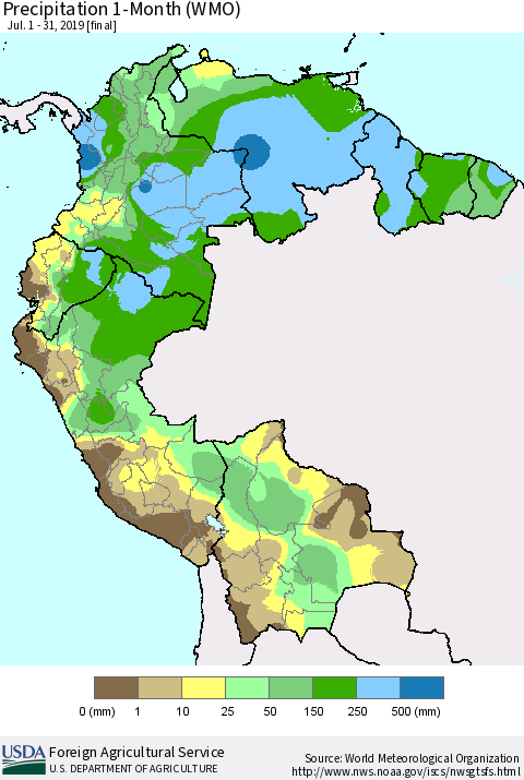 Northern South America Precipitation 1-Month (WMO) Thematic Map For 7/1/2019 - 7/31/2019
