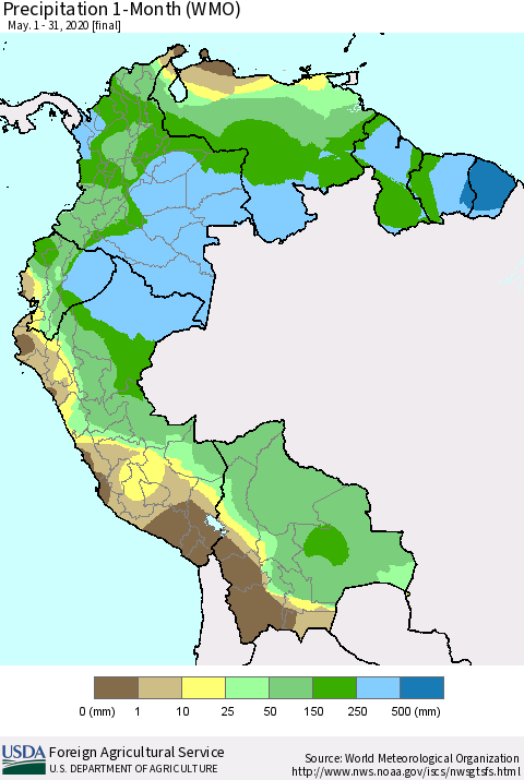 Northern South America Precipitation 1-Month (WMO) Thematic Map For 5/1/2020 - 5/31/2020