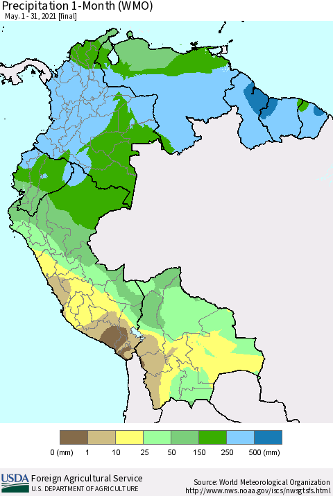 Northern South America Precipitation 1-Month (WMO) Thematic Map For 5/1/2021 - 5/31/2021
