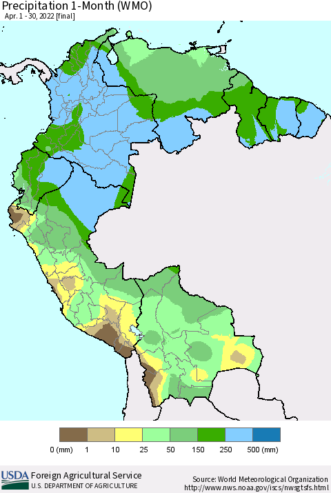 Northern South America Precipitation 1-Month (WMO) Thematic Map For 4/1/2022 - 4/30/2022