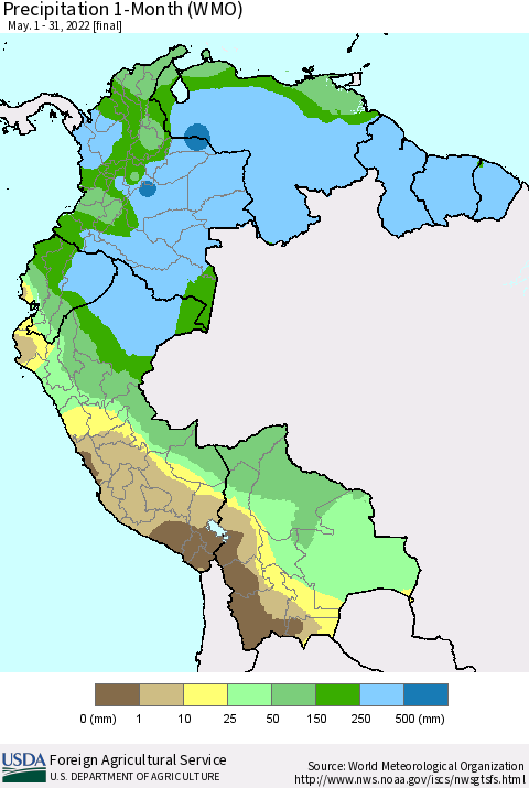 Northern South America Precipitation 1-Month (WMO) Thematic Map For 5/1/2022 - 5/31/2022