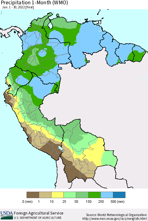 Northern South America Precipitation 1-Month (WMO) Thematic Map For 6/1/2022 - 6/30/2022