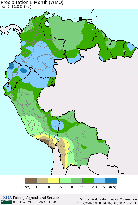Northern South America Precipitation 1-Month (WMO) Thematic Map For 4/1/2023 - 4/30/2023
