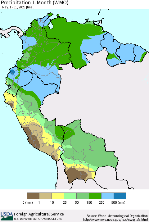 Northern South America Precipitation 1-Month (WMO) Thematic Map For 5/1/2023 - 5/31/2023