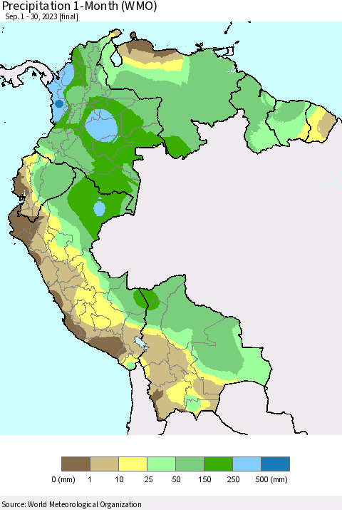 Northern South America Precipitation 1-Month (WMO) Thematic Map For 9/1/2023 - 9/30/2023