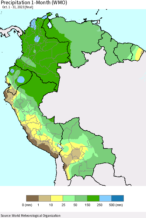 Northern South America Precipitation 1-Month (WMO) Thematic Map For 10/1/2023 - 10/31/2023