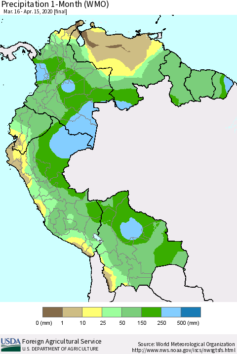 Northern South America Precipitation 1-Month (WMO) Thematic Map For 3/16/2020 - 4/15/2020