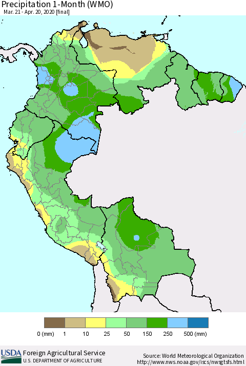 Northern South America Precipitation 1-Month (WMO) Thematic Map For 3/21/2020 - 4/20/2020