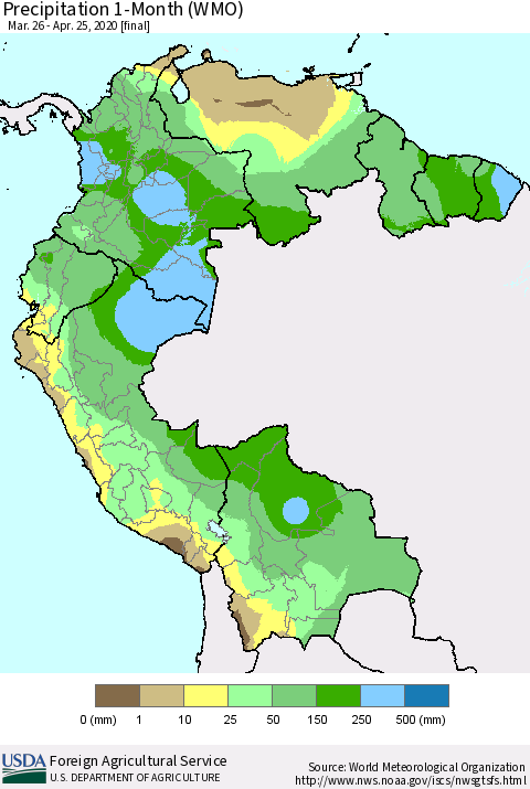 Northern South America Precipitation 1-Month (WMO) Thematic Map For 3/26/2020 - 4/25/2020