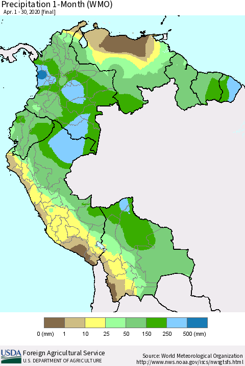 Northern South America Precipitation 1-Month (WMO) Thematic Map For 4/1/2020 - 4/30/2020