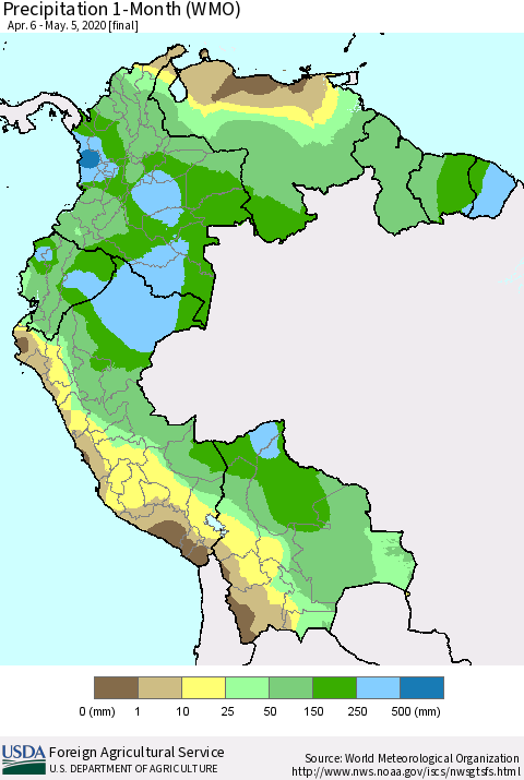 Northern South America Precipitation 1-Month (WMO) Thematic Map For 4/6/2020 - 5/5/2020
