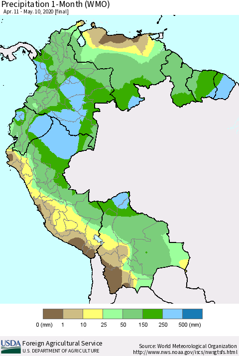 Northern South America Precipitation 1-Month (WMO) Thematic Map For 4/11/2020 - 5/10/2020