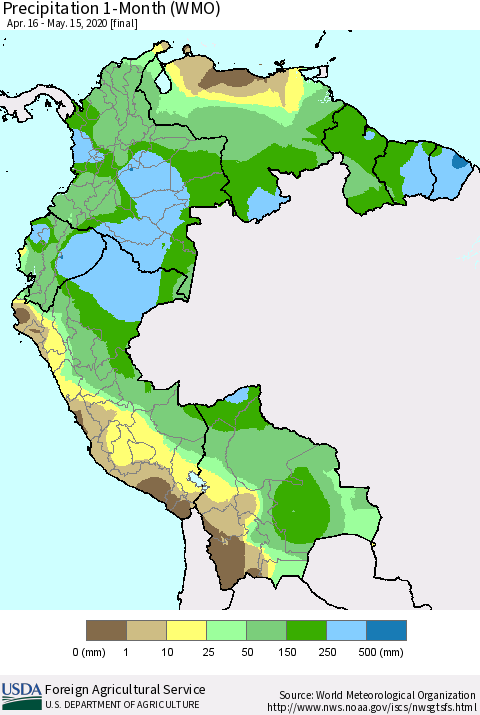 Northern South America Precipitation 1-Month (WMO) Thematic Map For 4/16/2020 - 5/15/2020