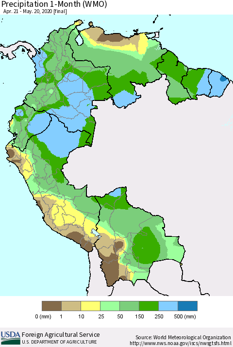 Northern South America Precipitation 1-Month (WMO) Thematic Map For 4/21/2020 - 5/20/2020
