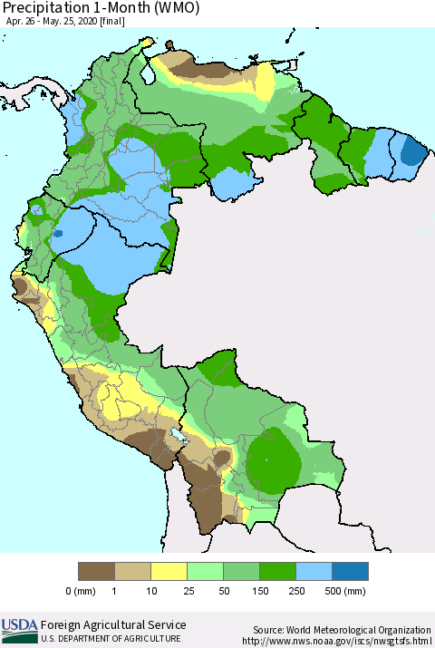 Northern South America Precipitation 1-Month (WMO) Thematic Map For 4/26/2020 - 5/25/2020