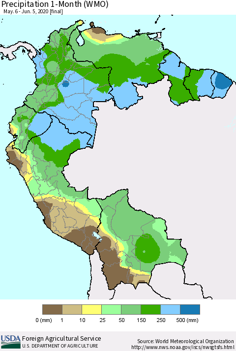 Northern South America Precipitation 1-Month (WMO) Thematic Map For 5/6/2020 - 6/5/2020