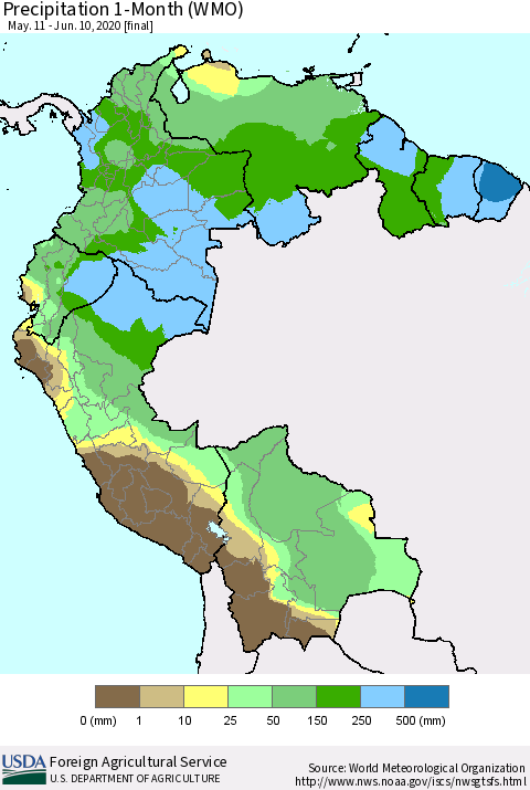 Northern South America Precipitation 1-Month (WMO) Thematic Map For 5/11/2020 - 6/10/2020