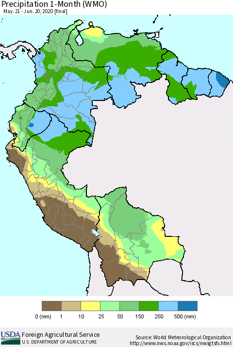 Northern South America Precipitation 1-Month (WMO) Thematic Map For 5/21/2020 - 6/20/2020