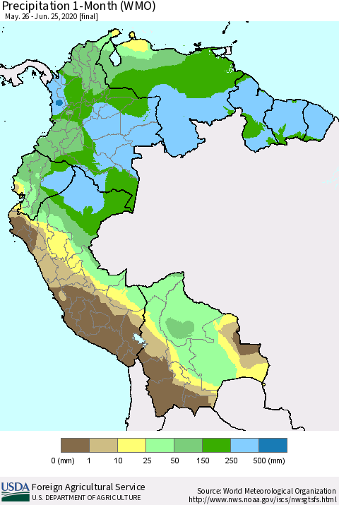 Northern South America Precipitation 1-Month (WMO) Thematic Map For 5/26/2020 - 6/25/2020