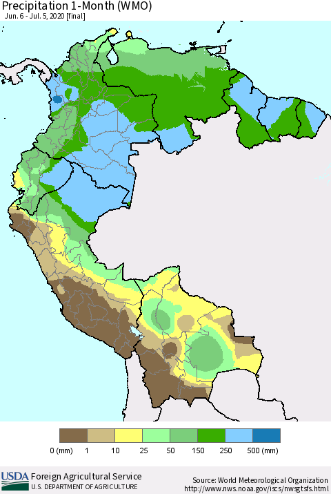 Northern South America Precipitation 1-Month (WMO) Thematic Map For 6/6/2020 - 7/5/2020