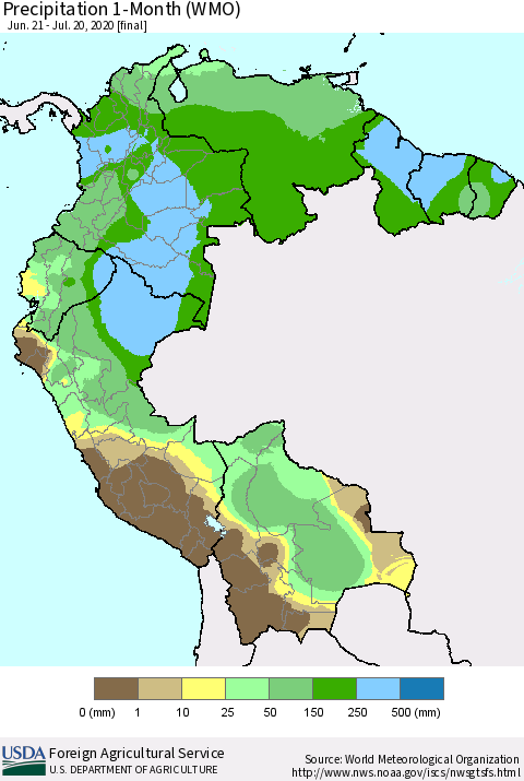 Northern South America Precipitation 1-Month (WMO) Thematic Map For 6/21/2020 - 7/20/2020