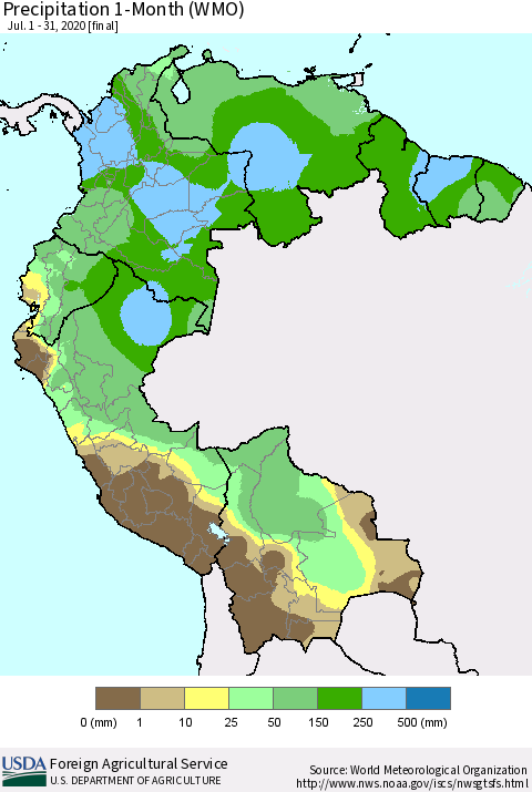 Northern South America Precipitation 1-Month (WMO) Thematic Map For 7/1/2020 - 7/31/2020