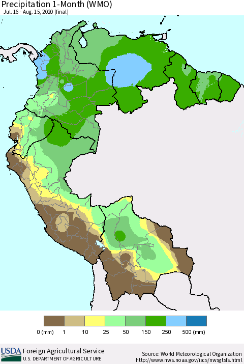Northern South America Precipitation 1-Month (WMO) Thematic Map For 7/16/2020 - 8/15/2020