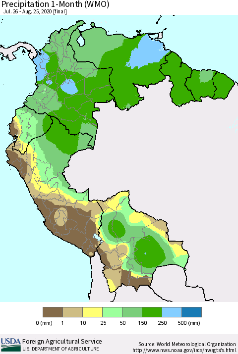 Northern South America Precipitation 1-Month (WMO) Thematic Map For 7/26/2020 - 8/25/2020