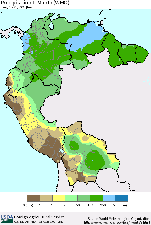 Northern South America Precipitation 1-Month (WMO) Thematic Map For 8/1/2020 - 8/31/2020
