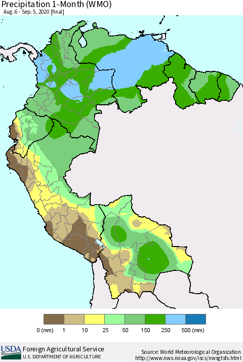Northern South America Precipitation 1-Month (WMO) Thematic Map For 8/6/2020 - 9/5/2020