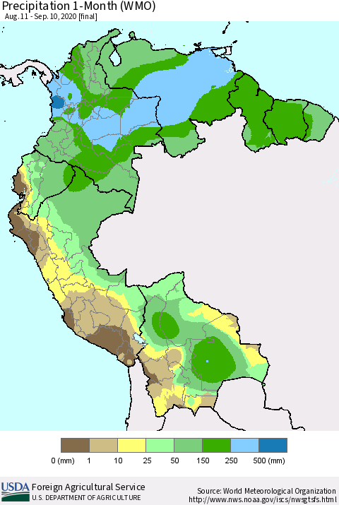 Northern South America Precipitation 1-Month (WMO) Thematic Map For 8/11/2020 - 9/10/2020