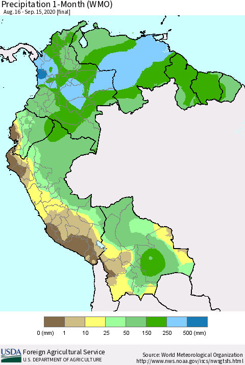 Northern South America Precipitation 1-Month (WMO) Thematic Map For 8/16/2020 - 9/15/2020