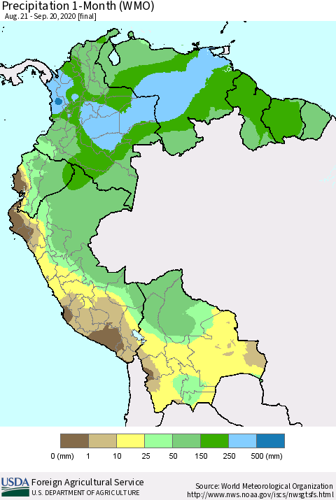Northern South America Precipitation 1-Month (WMO) Thematic Map For 8/21/2020 - 9/20/2020