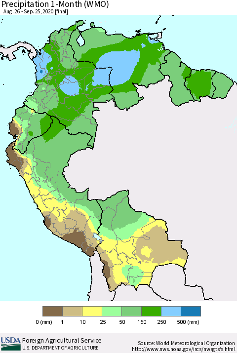 Northern South America Precipitation 1-Month (WMO) Thematic Map For 8/26/2020 - 9/25/2020