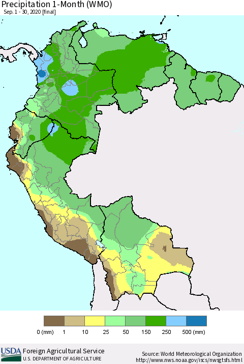 Northern South America Precipitation 1-Month (WMO) Thematic Map For 9/1/2020 - 9/30/2020