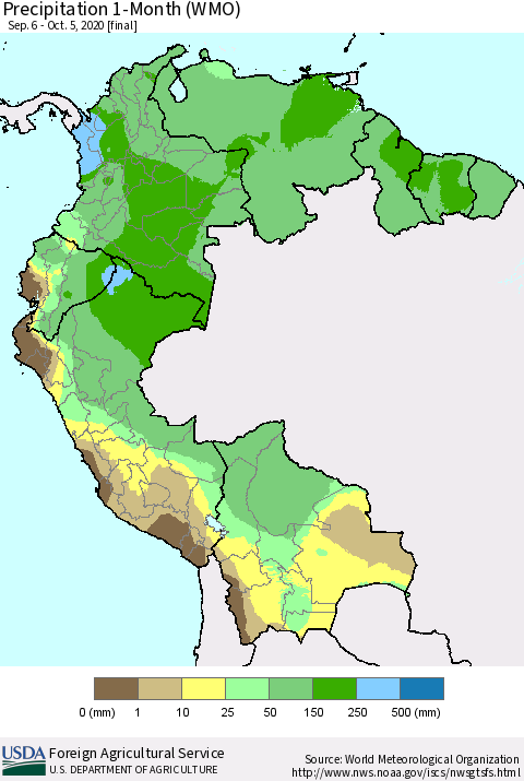 Northern South America Precipitation 1-Month (WMO) Thematic Map For 9/6/2020 - 10/5/2020