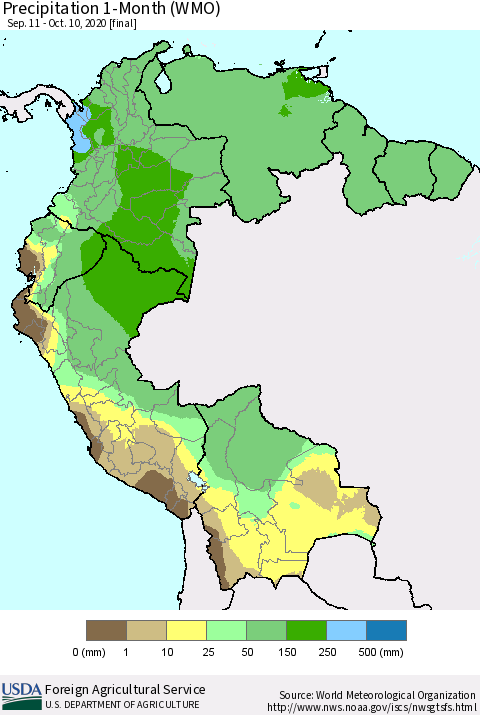 Northern South America Precipitation 1-Month (WMO) Thematic Map For 9/11/2020 - 10/10/2020