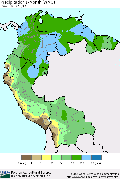 Northern South America Precipitation 1-Month (WMO) Thematic Map For 11/1/2020 - 11/30/2020
