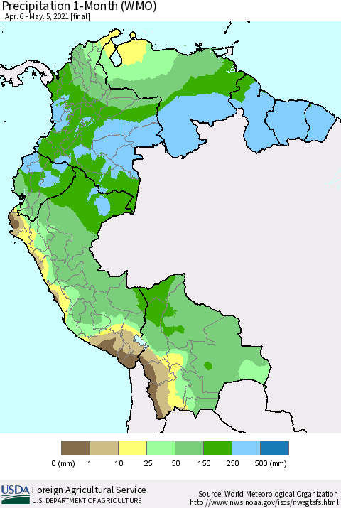 Northern South America Precipitation 1-Month (WMO) Thematic Map For 4/6/2021 - 5/5/2021